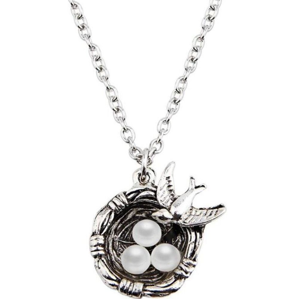 New Womens Vintage Inspired Silver Mama Bird W 3 Pearl Eggs 3 Kids Nest Necklace